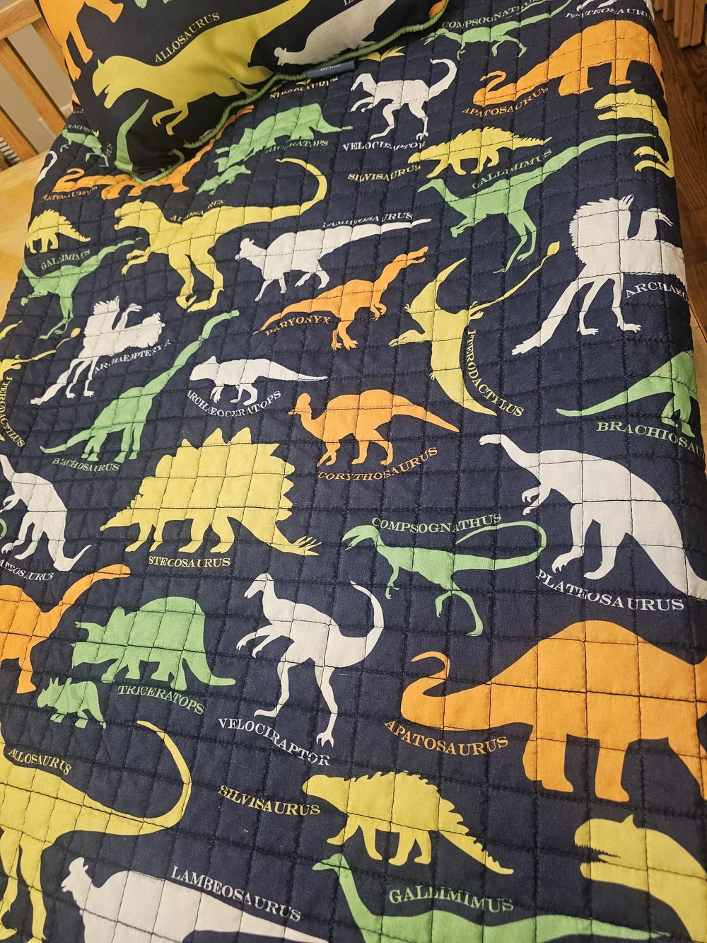 Dinosaur Print Pillow and Quilt Set - Navy with Green, Yellow & Orange